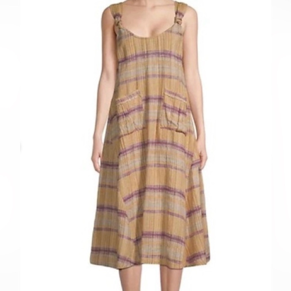 NWT Free People Harper Striped Trapeze Dress, Mustard Combo, XSmall